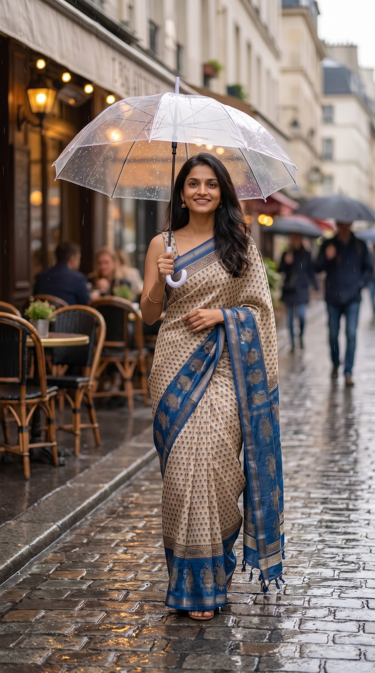 Maheshwari Silk Saree with Sanganery Handblock Print - Blue