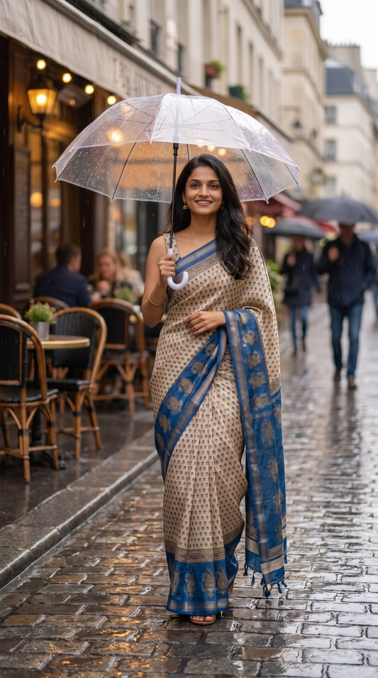 Maheshwari Silk Saree with Sanganery Handblock Print - Blue