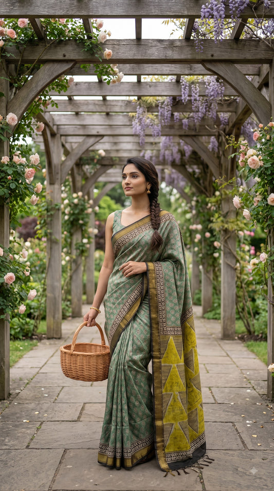 Maheshwari Silk Saree with Sanganery Handblock Print - Green