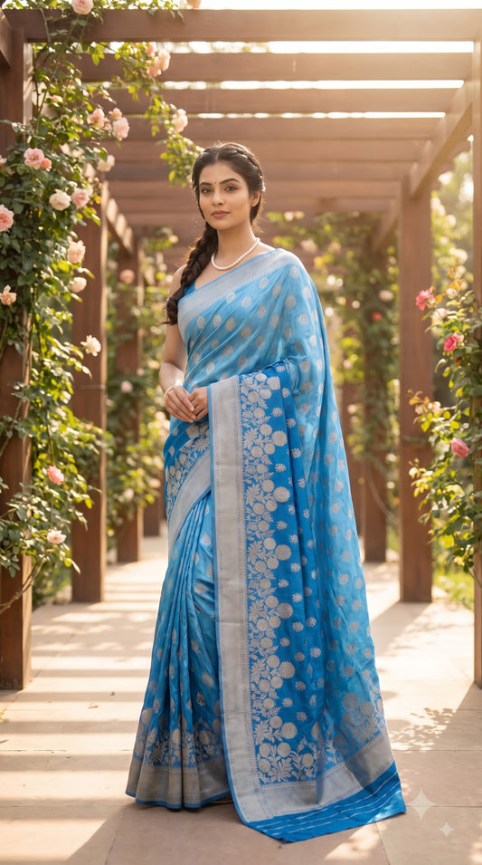 Crepe Silk Saree with Flowered Zari Border-Blue
