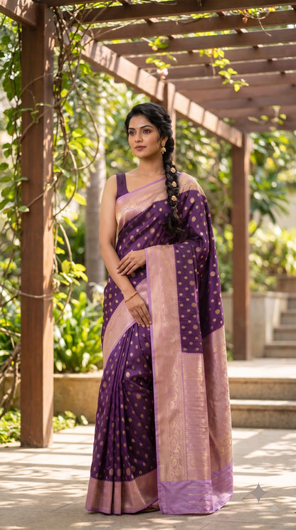 Crepe Banarasi Silk with Contrast Border-Purple