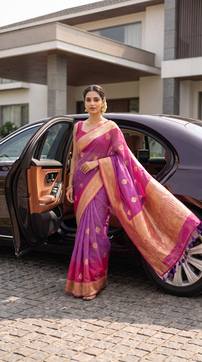A three-quarter view of a woman stepping out of a luxury black car, elegantly highlighting the flowing pink pallu with gold zari work and tassels trailing from her purple pure Kora silk saree