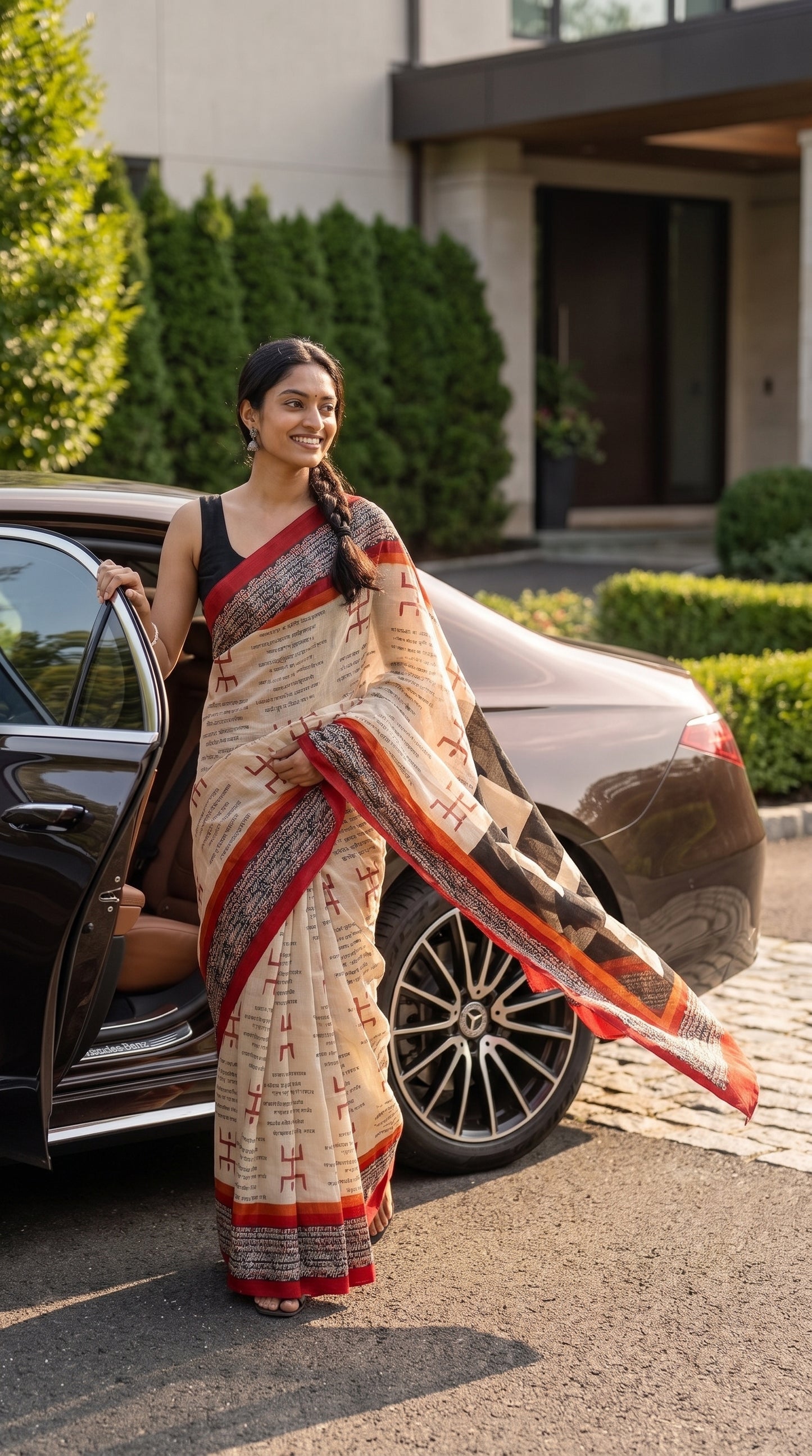 Cream Tussar Silk Saree with Script Motifs