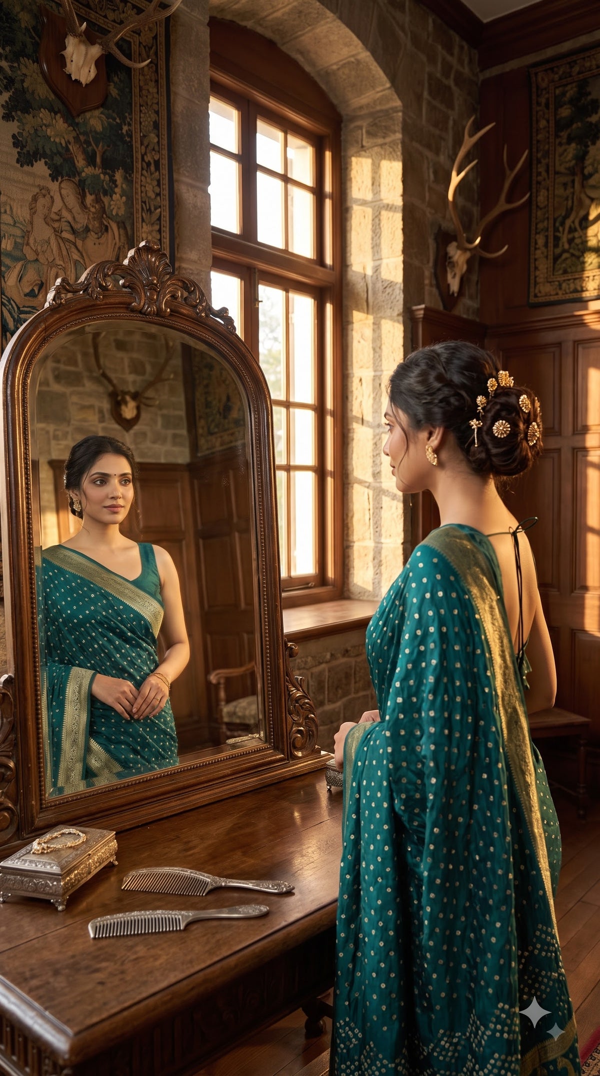 Art Silk Bandhani with Golden Zari - Rama Green