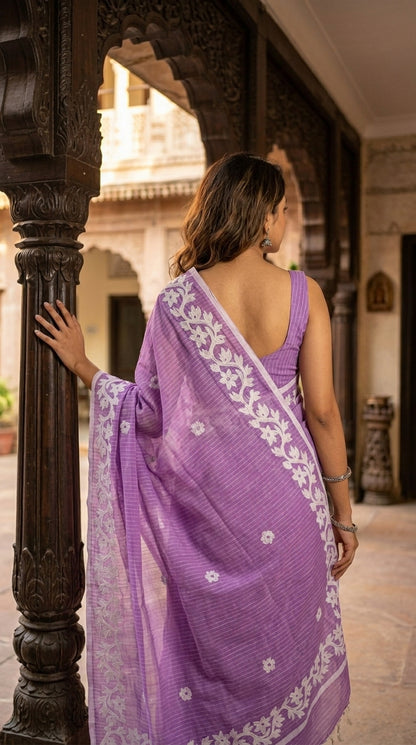 Purple Cotton Saree with Applique Border