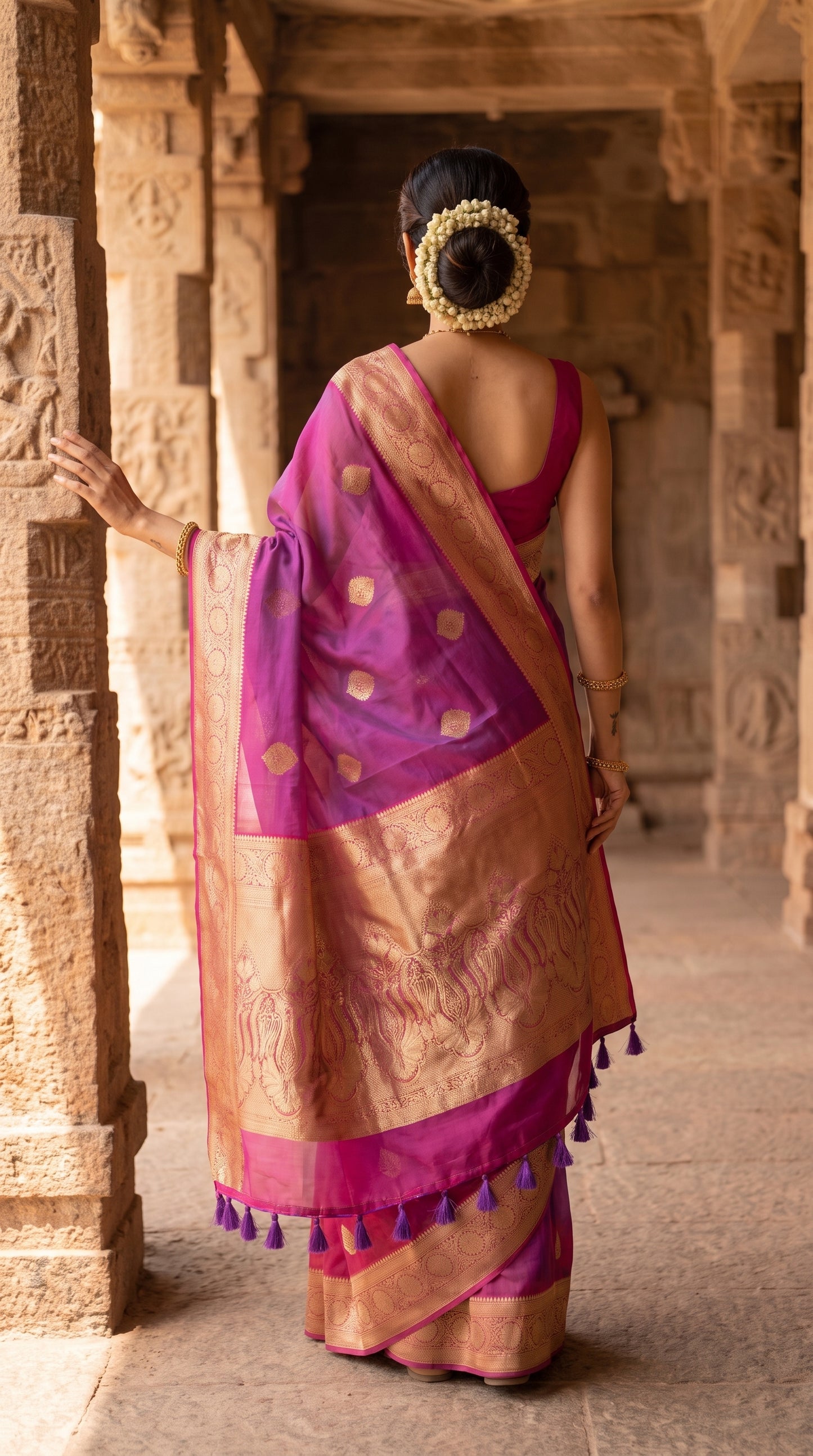 A rear-view portrait of a woman adorned with a fresh gajra hair bun leaning against an ancient carved temple column, displaying the striking purple body and contrast pink gold zari border of her Banarasi Katan silk saree