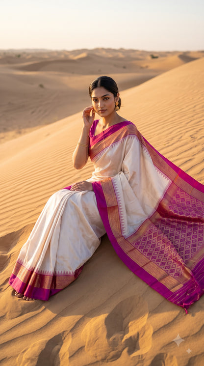 Silk Saree with Pochampally Pallu - White