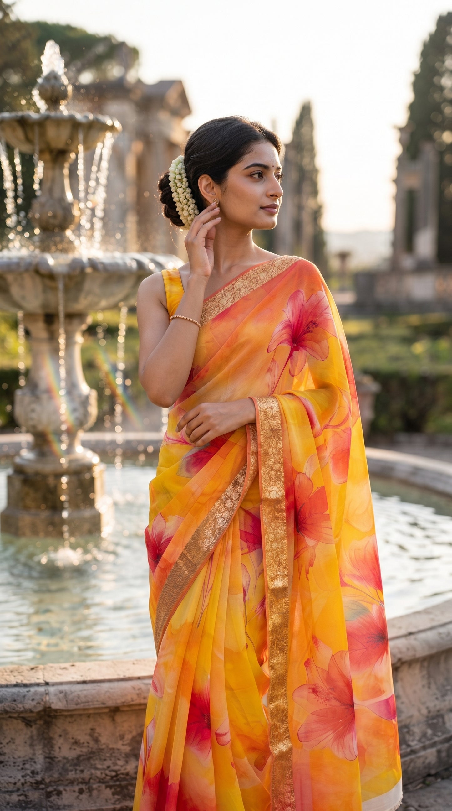 A medium-length portrait of a woman with a floral bun standing beside a large stone water fountain, touching her earring while displaying the translucent fabric and bold pink hibiscus prints of her yellow chiffon saree