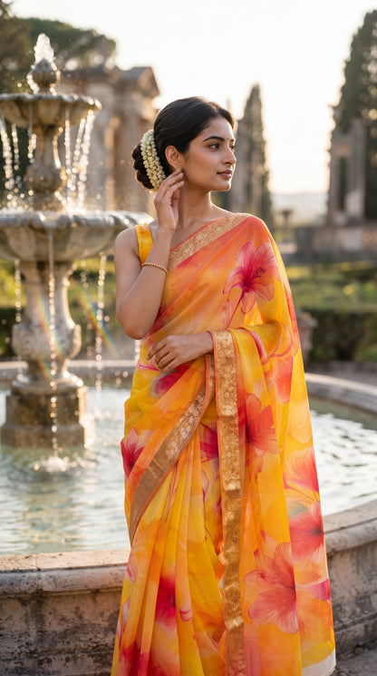 A medium-length portrait of a woman with a floral bun standing beside a large stone water fountain, touching her earring while displaying the translucent fabric and bold pink hibiscus prints of her yellow chiffon saree