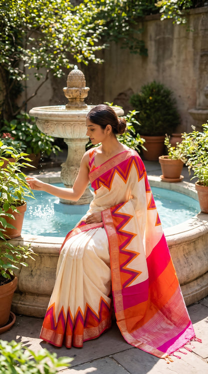 Maheshwari Silk Saree with Ganga Jamuna Border - Beige with Orange