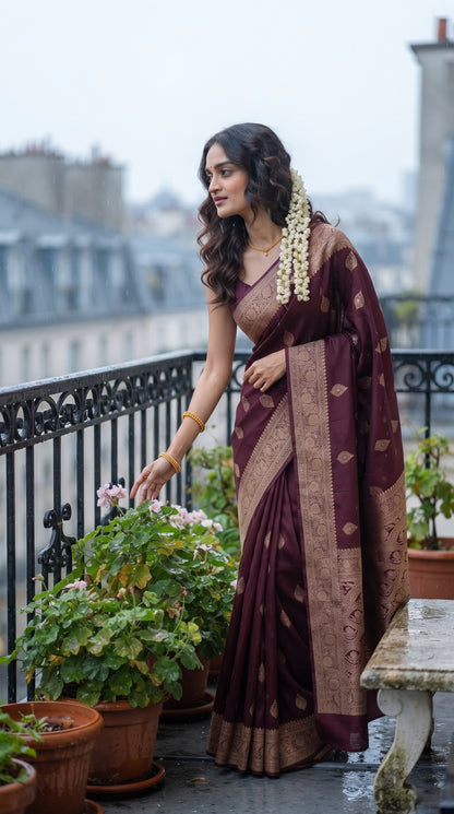 A portrait of a woman standing on a rainy balcony overlooking city rooftops, reaching out to touch potted flowers while displaying the rich texture and gold-woven details of her maroon silk saree