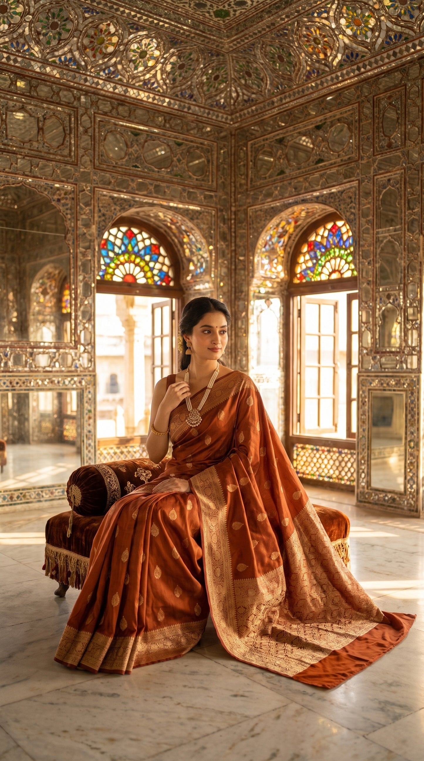 A full-length shot of a woman sitting elegantly on a plush brown velvet settee inside a magnificent mirror-palace hall with stained-glass windows, showcasing the sprawling, heavily woven gold zari pallu of her burnt orange silk saree