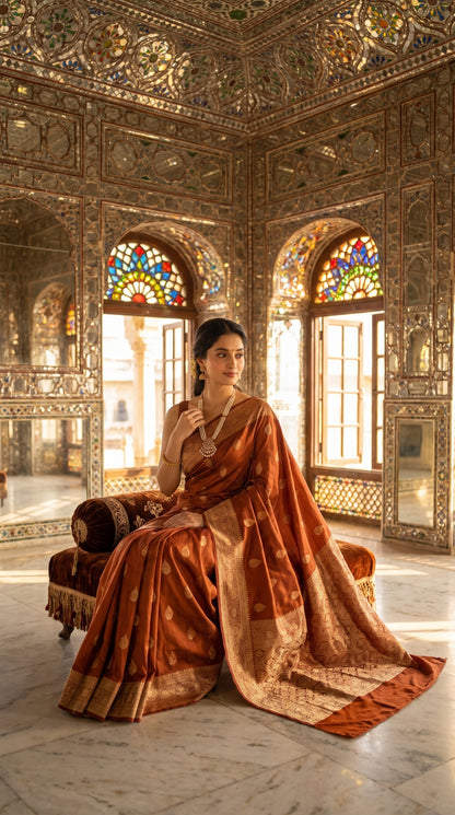 A full-length shot of a woman sitting elegantly on a plush brown velvet settee inside a magnificent mirror-palace hall with stained-glass windows, showcasing the sprawling, heavily woven gold zari pallu of her burnt orange silk saree