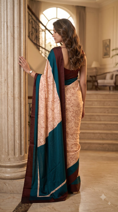 Viscose Silk Saree with Teal & Chocolate Border - Beige