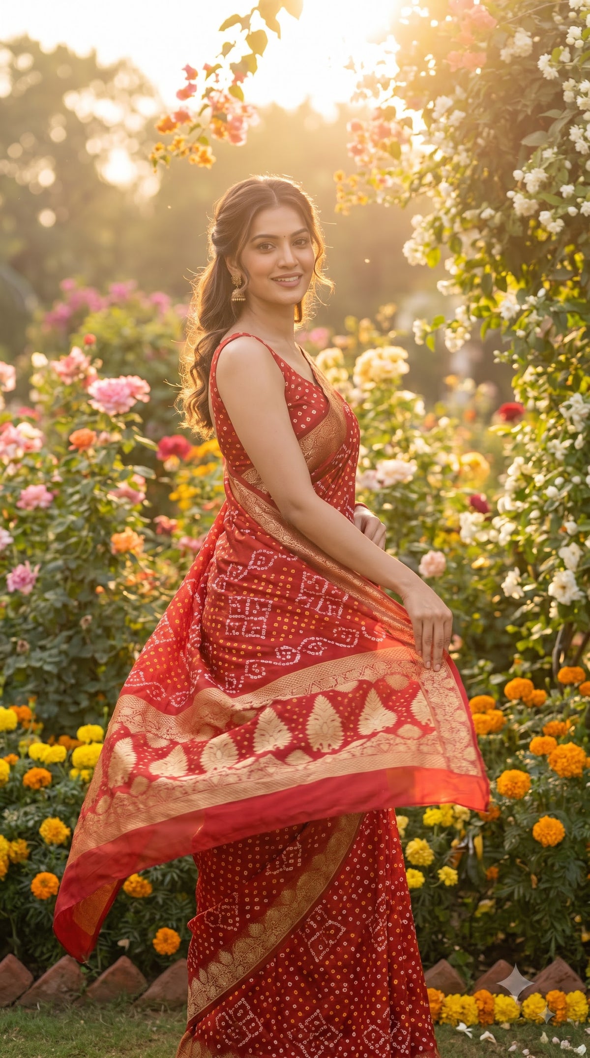 Art Silk Bandhani with Golden Zari - Red