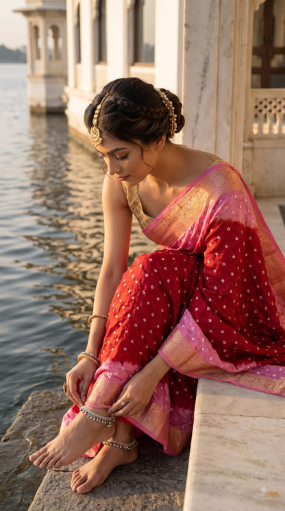 Art Silk Saree with Zari Border - Red with Pink