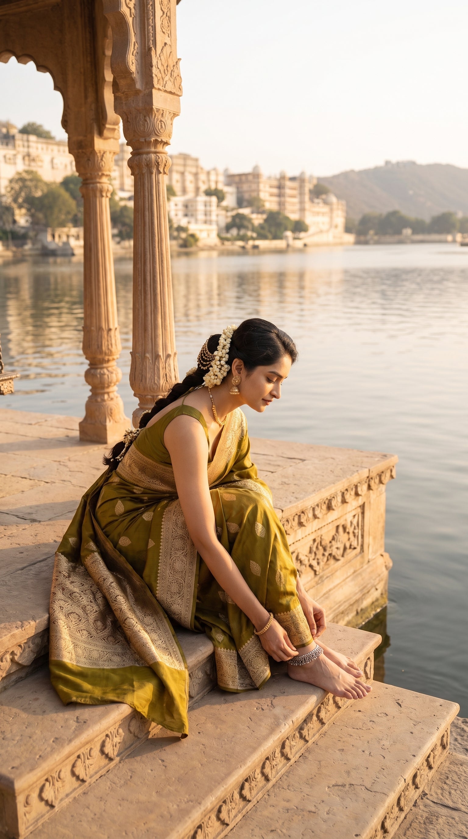 A side profile shot of a woman sitting on the edge of a carved stone lake jetty, adjusting her silver anklet, highlighting the flowing satin texture and ornate gold borders of her olive green Mashru silk saree