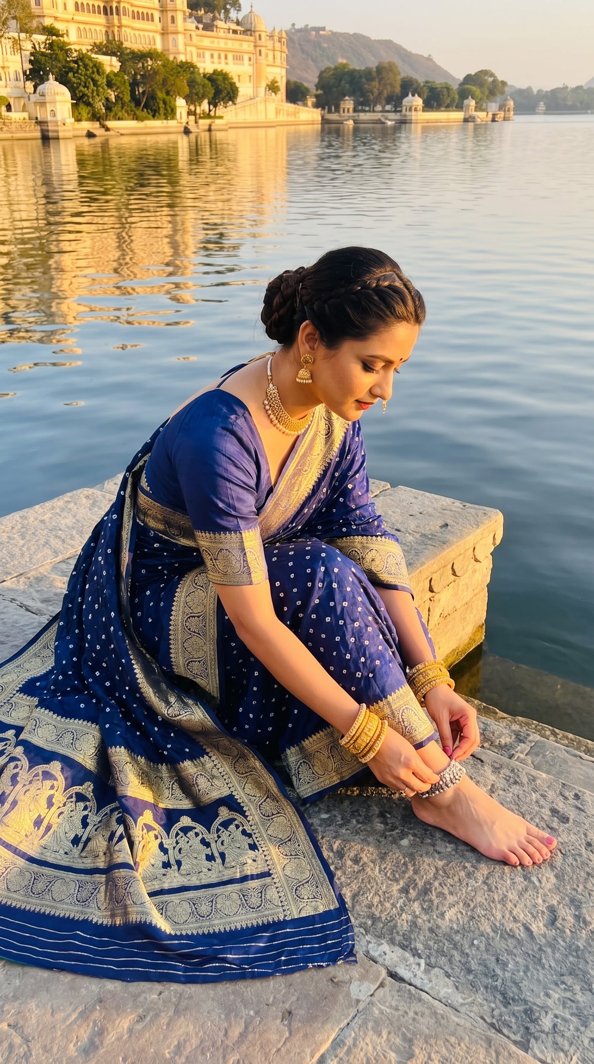 Art Silk Bandhani with Golden Zari - Royal Blue