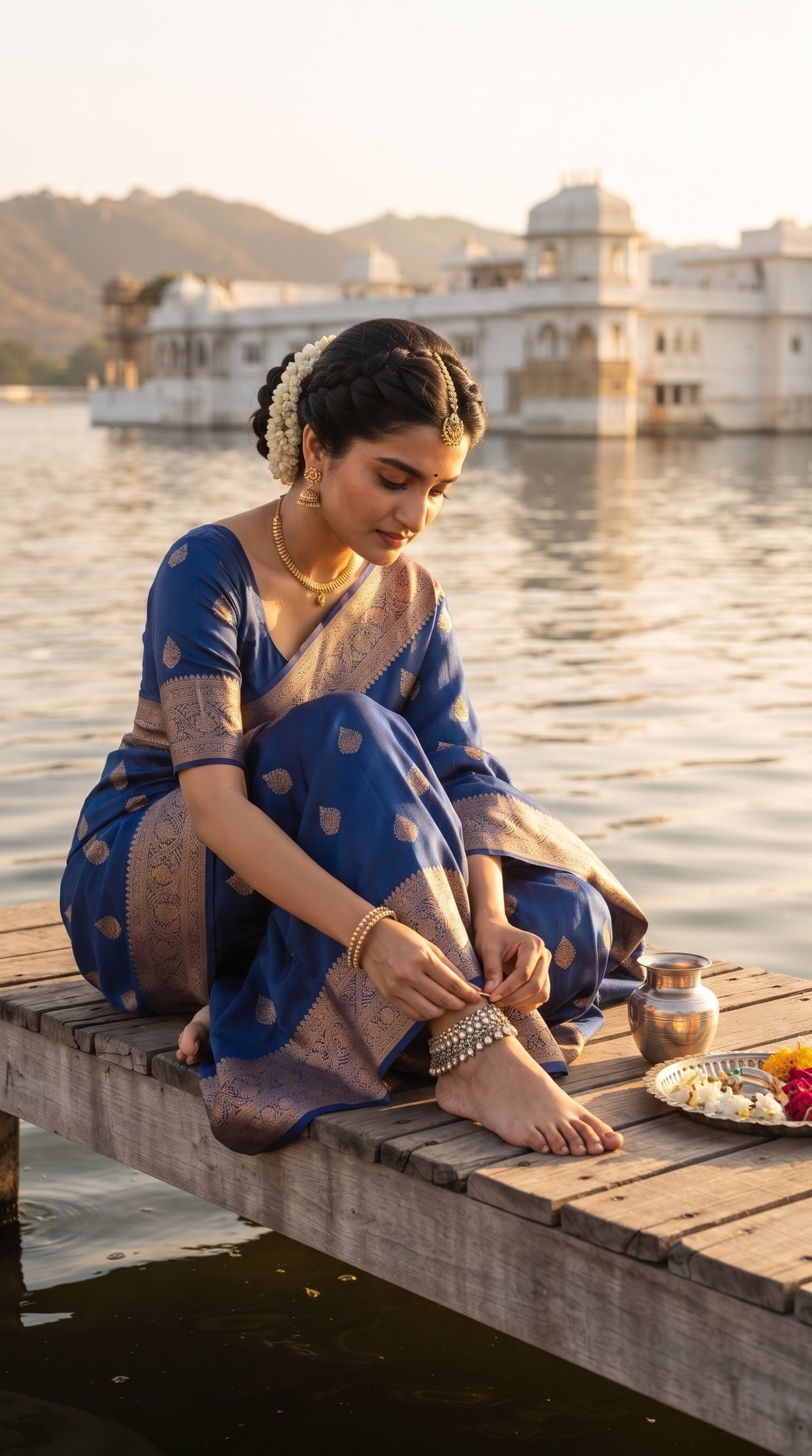 A profile shot of a woman sitting on the edge of a wooden lake jetty, adjusting her silver anklet, highlighting the flowing satin texture and ornate gold borders of her royal blue Mashru silk saree