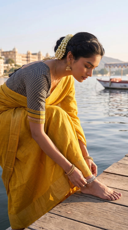 A side profile shot of a woman sitting on the edge of a wooden lake jetty, adjusting her silver anklet, highlighting the crisp, lightweight drape and yellow-golden shimmer of her tissue cotton saree