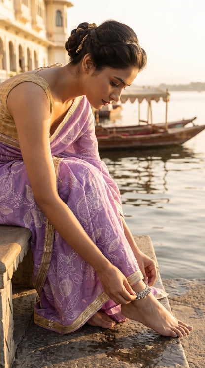 A profile shot of a woman sitting on stone ghat steps by the water, adjusting her silver anklet, highlighting the lightweight drape and white botanical outlines of her lavender purple muslin saree