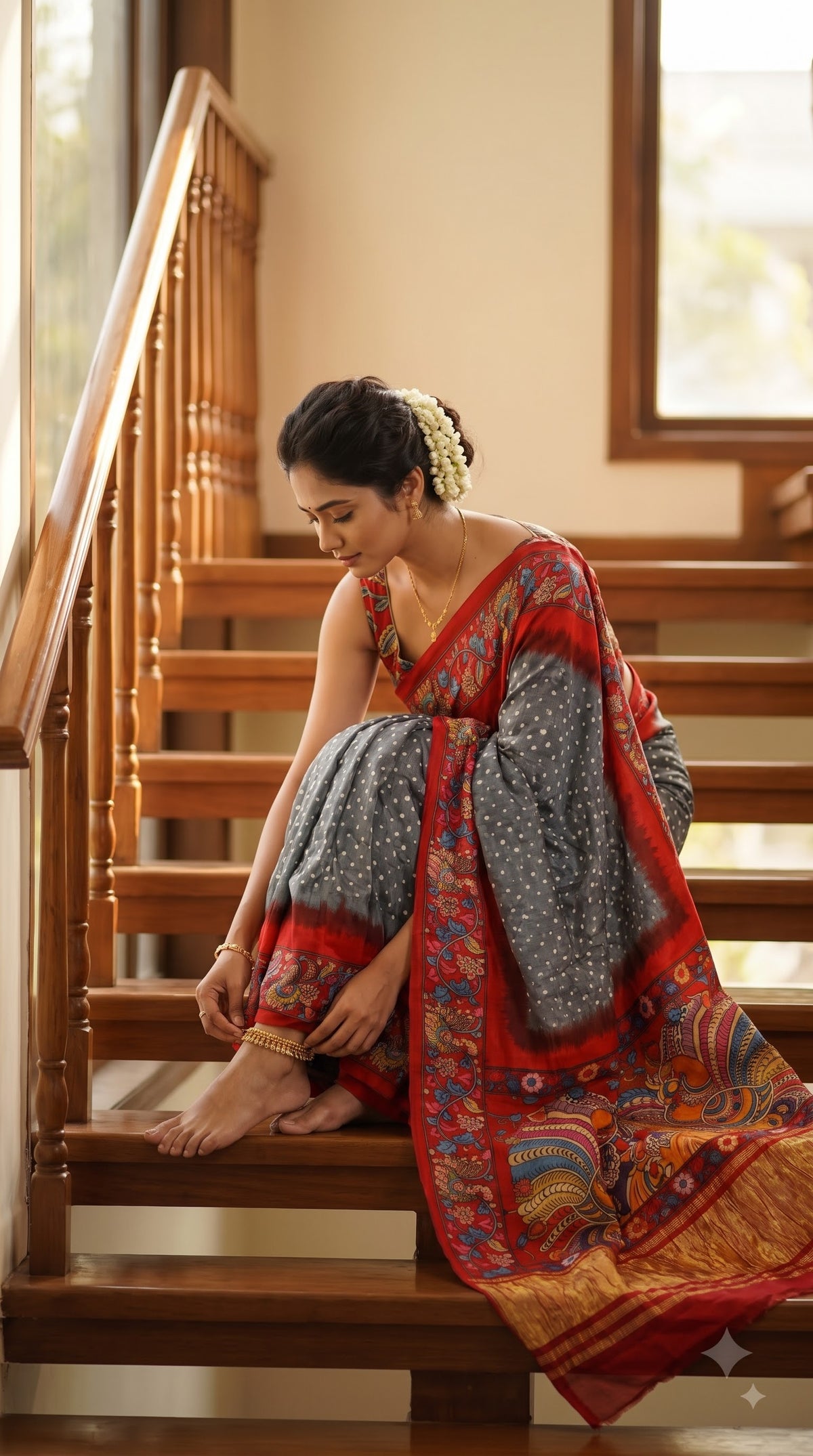 Pure Modal Silk with Bandhani Kalamkari Print Border - Grey with Red