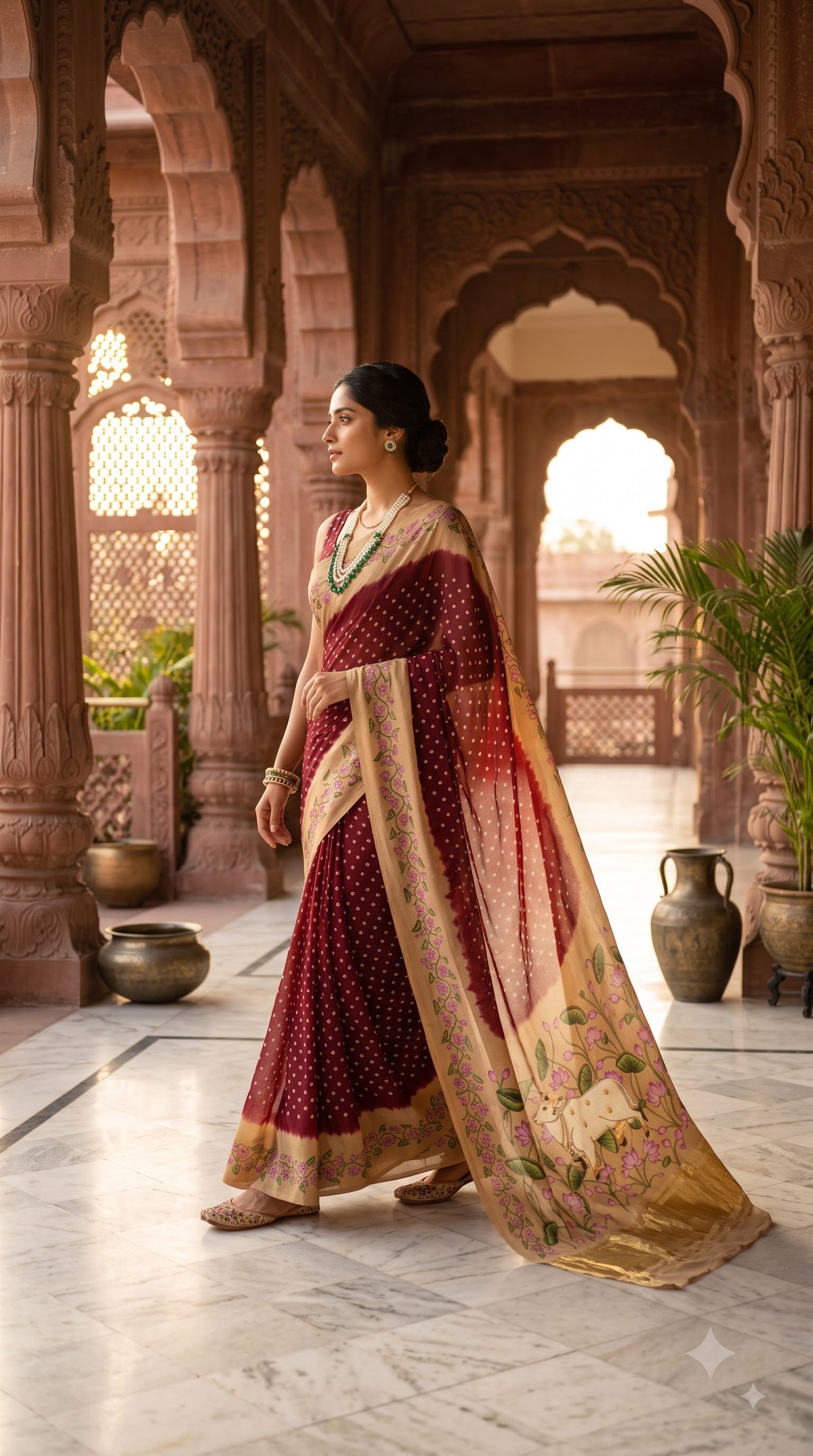 Pure Modal Silk with Bandhani Pichhwai Print Border - Maroon