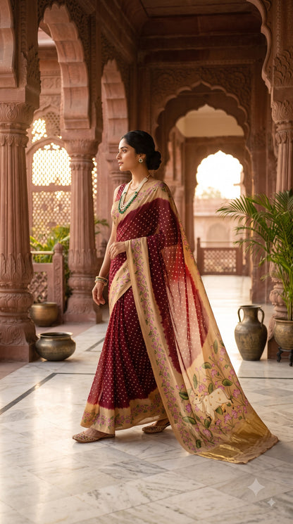 Pure Modal Silk with Bandhani Pichhwai Print Border - Maroon
