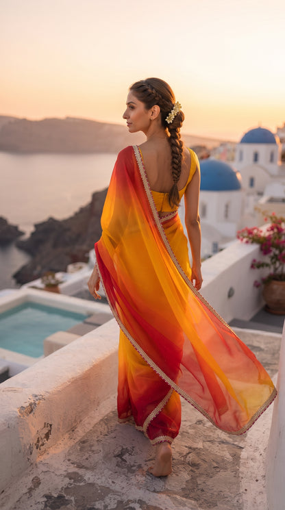 Yellow Chiffon With Red Shades Saree with Delicate Lace Border