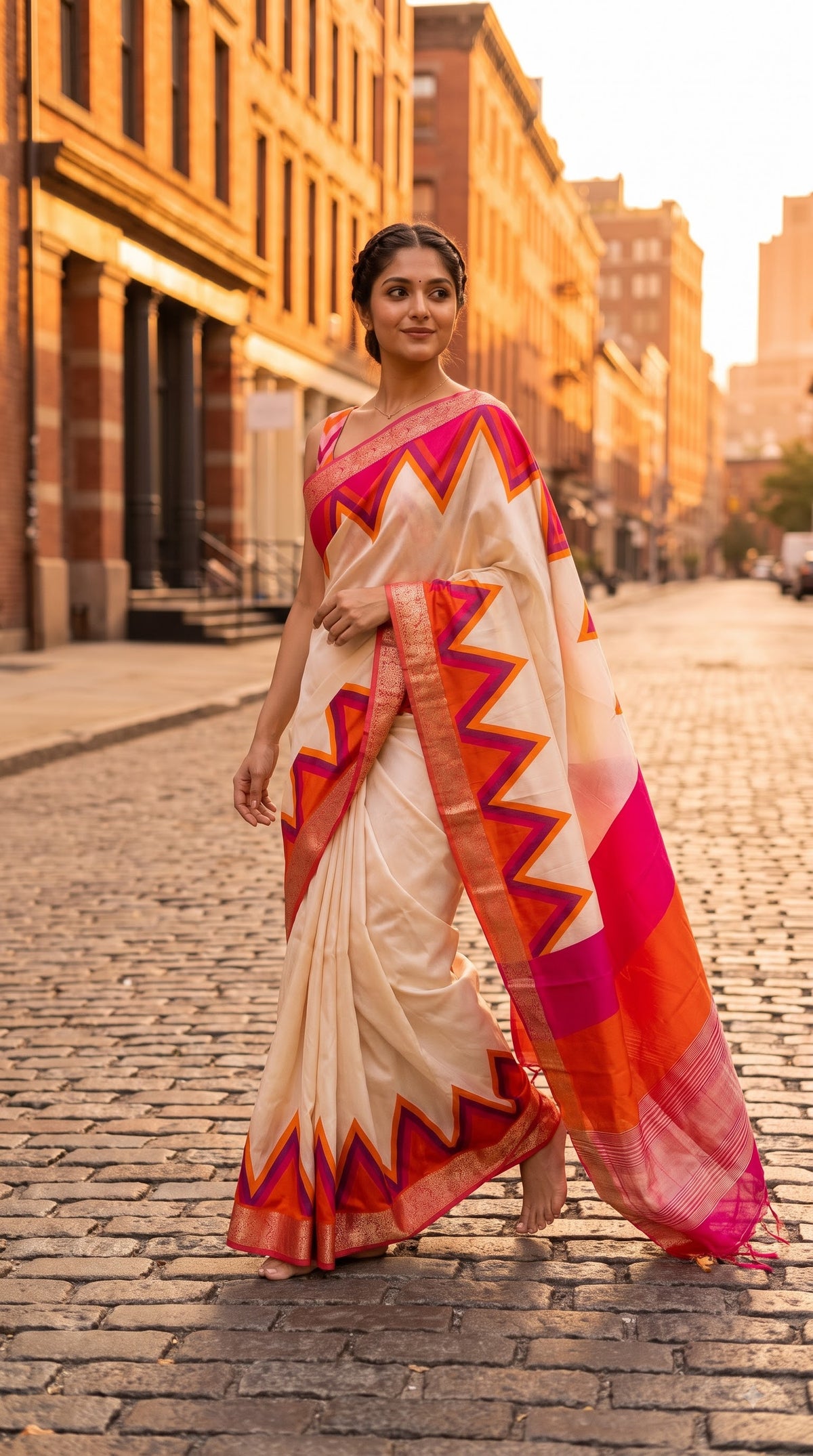Maheshwari Silk Saree with Ganga Jamuna Border - Beige with Orange