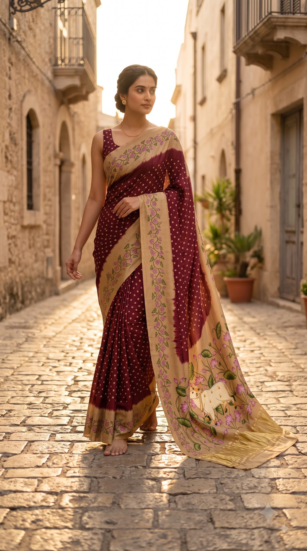 Pure Modal Silk with Bandhani Pichhwai Print Border - Maroon