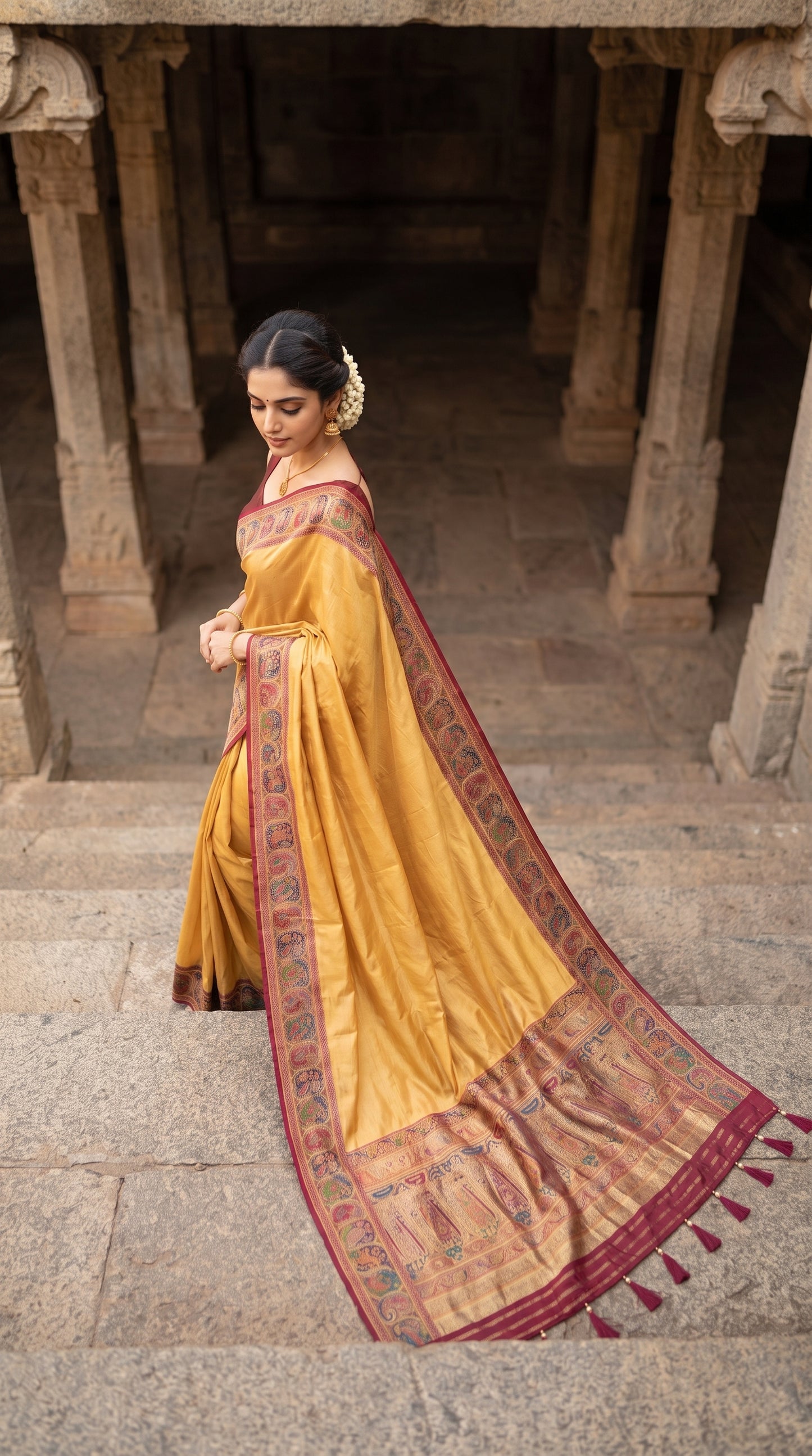 A high-angle shot of a woman descending ancient stone steps within a historical arcade hall, displaying the trailing multicolored Kani silk pallu with hand-tied matching tassels on her beige saree
