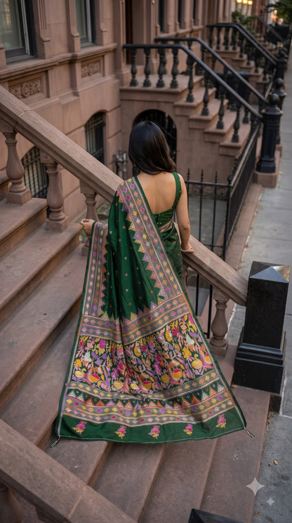 Pure Silk Saree with Kantha-Stitched - Green