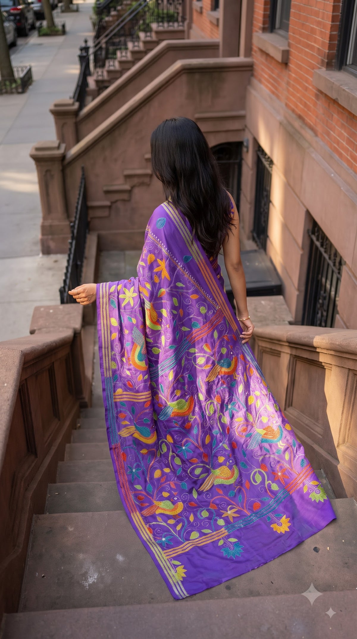 Pure Silk Saree with Kantha-Stitched - Purple