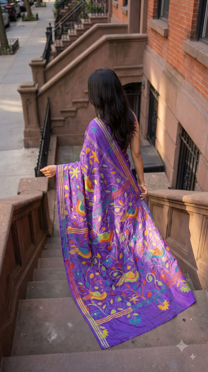 Pure Silk Saree with Kantha-Stitched - Purple