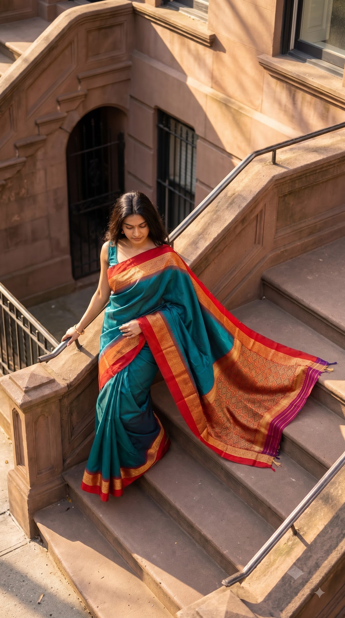 Silk Saree with Pochampally Pallu - Peacock Green