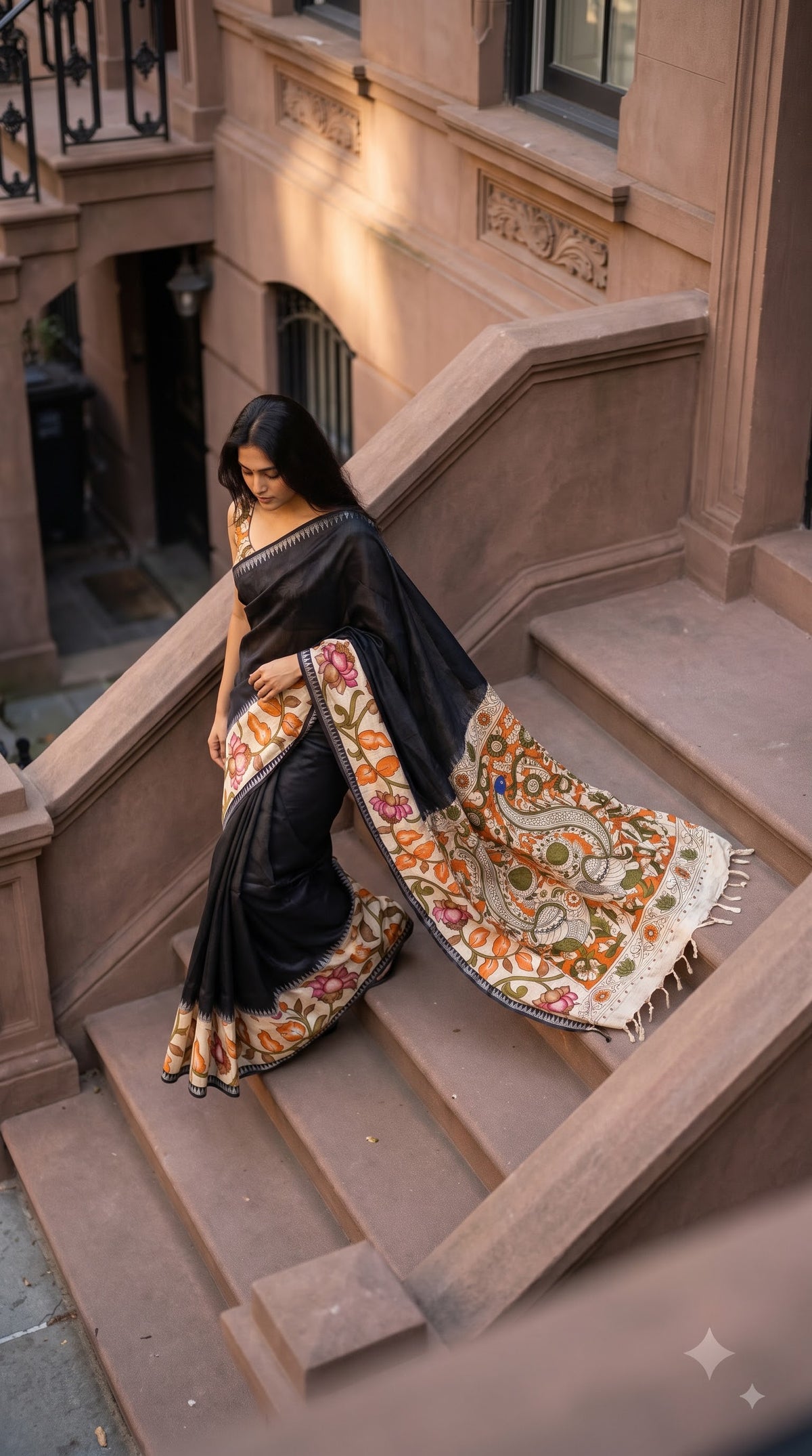 Plain Silk Saree with Kalamkari Gap Border - Black with Orange