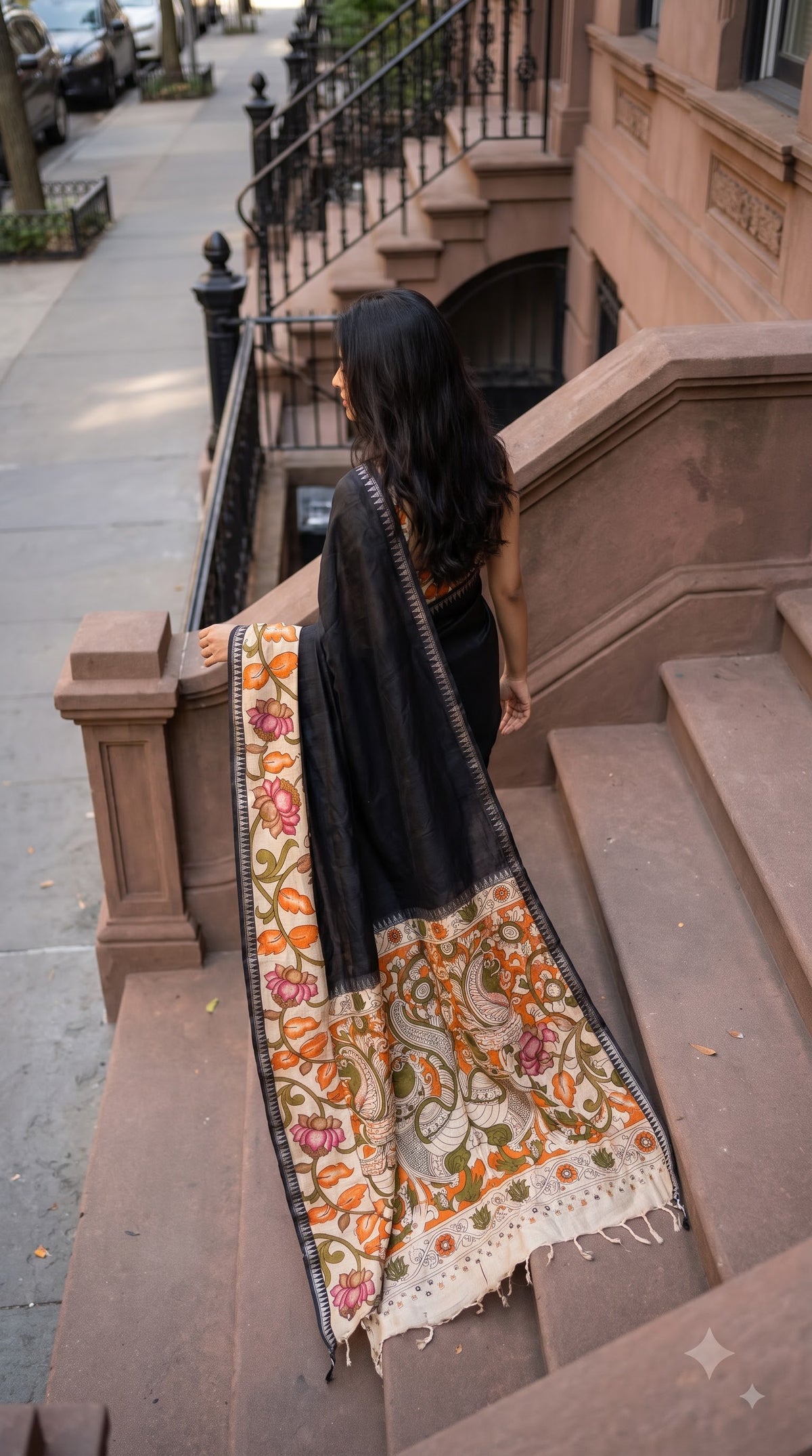Plain Silk Saree with Kalamkari Gap Border - Black with Orange
