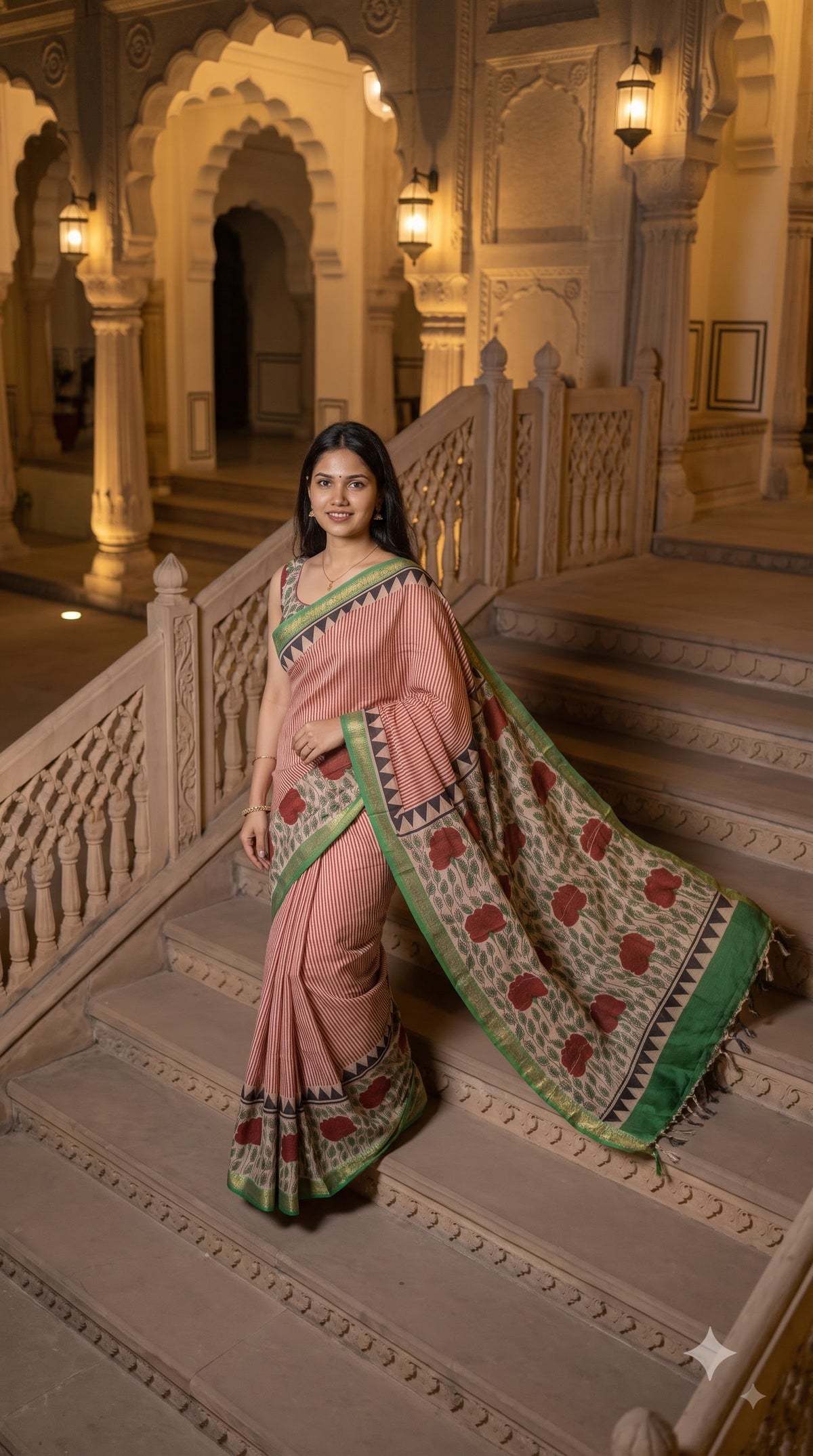 Maheshwari Silk Saree with Stripes - Red & Green