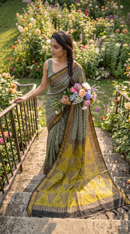 Maheshwari Silk Saree with Sanganery Handblock Print - Green