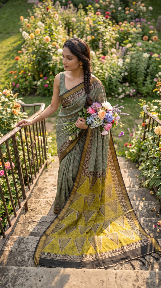 Maheshwari Silk Saree with Sanganery Handblock Print - Green
