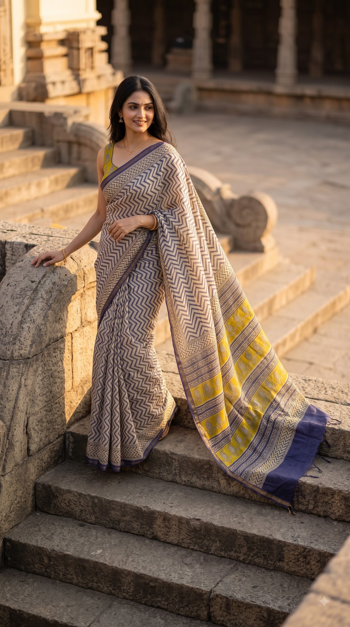 Chanderi Silk Saree with Zigzag Design - Beige & Purple