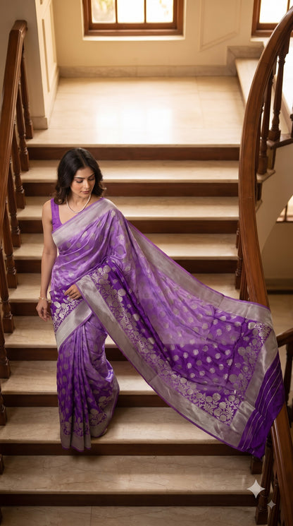 Crepe Silk Saree with Flowered Zari Border-Purple
