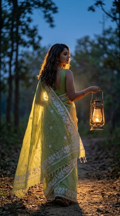 Green Cotton Saree with Applique Border