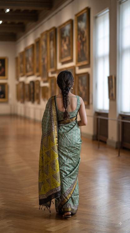 Maheshwari Silk Saree with Sanganery Handblock Print - Green