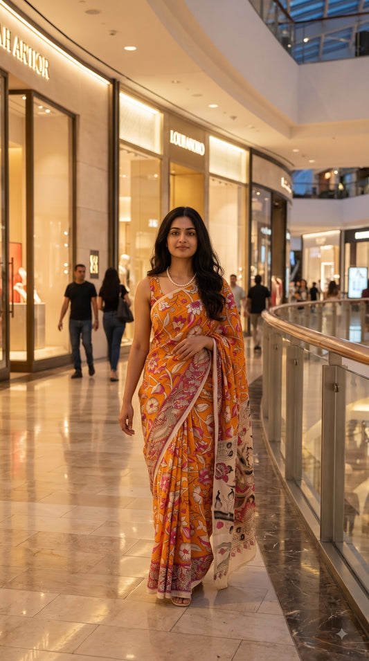 Printed Kalamkari Silk Saree - Orange & Pink