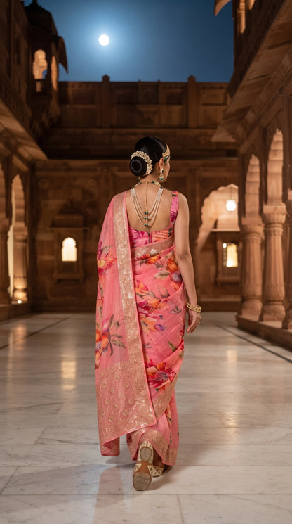 A rear-view portrait of a woman adorned with a pearl necklace and an elegant hair bun walking through a palace arcade under a bright full moon, displaying the beautiful translucent fall of her pink floral printed pallu