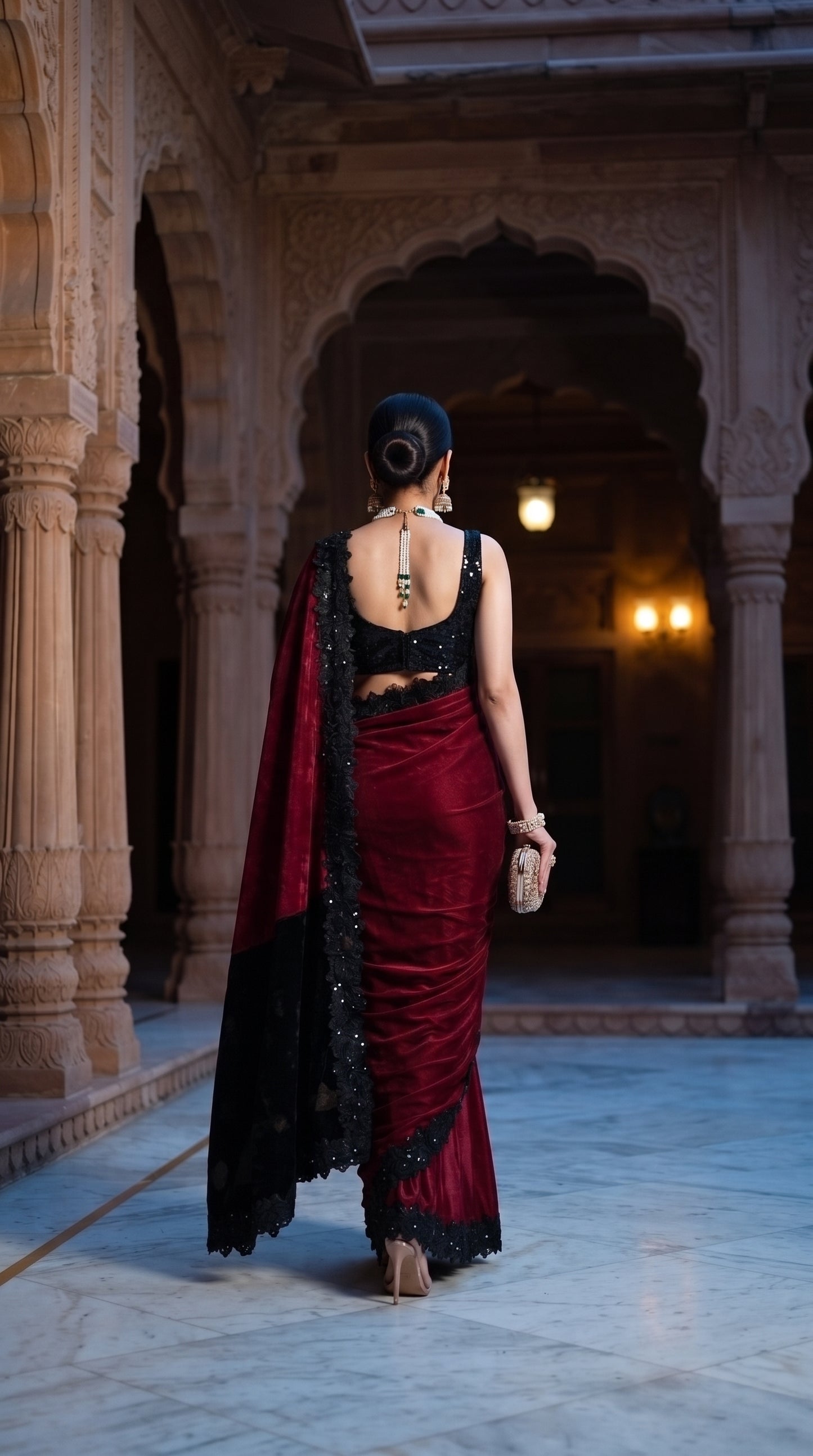 A rear portrait of a woman walking through an ancient palace courtyard arcade, showcasing her sleek hair bun, sequined black blouse, and the sweeping drape of her maroon and magenta velvet silk saree with a black lace border
