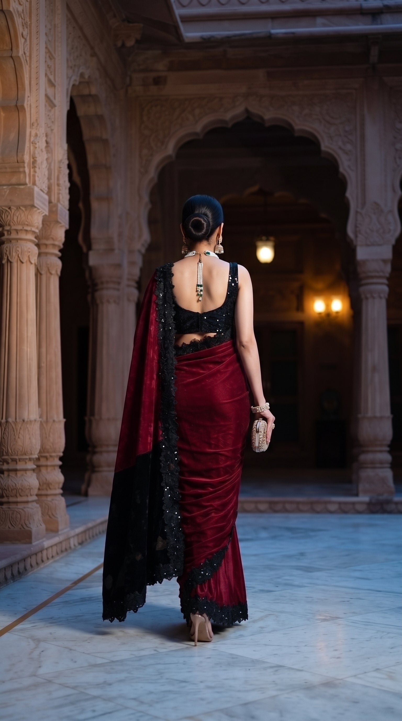 A rear portrait of a woman walking through an ancient palace courtyard arcade, showcasing her sleek hair bun, sequined black blouse, and the sweeping drape of her maroon and magenta velvet silk saree with a black lace border