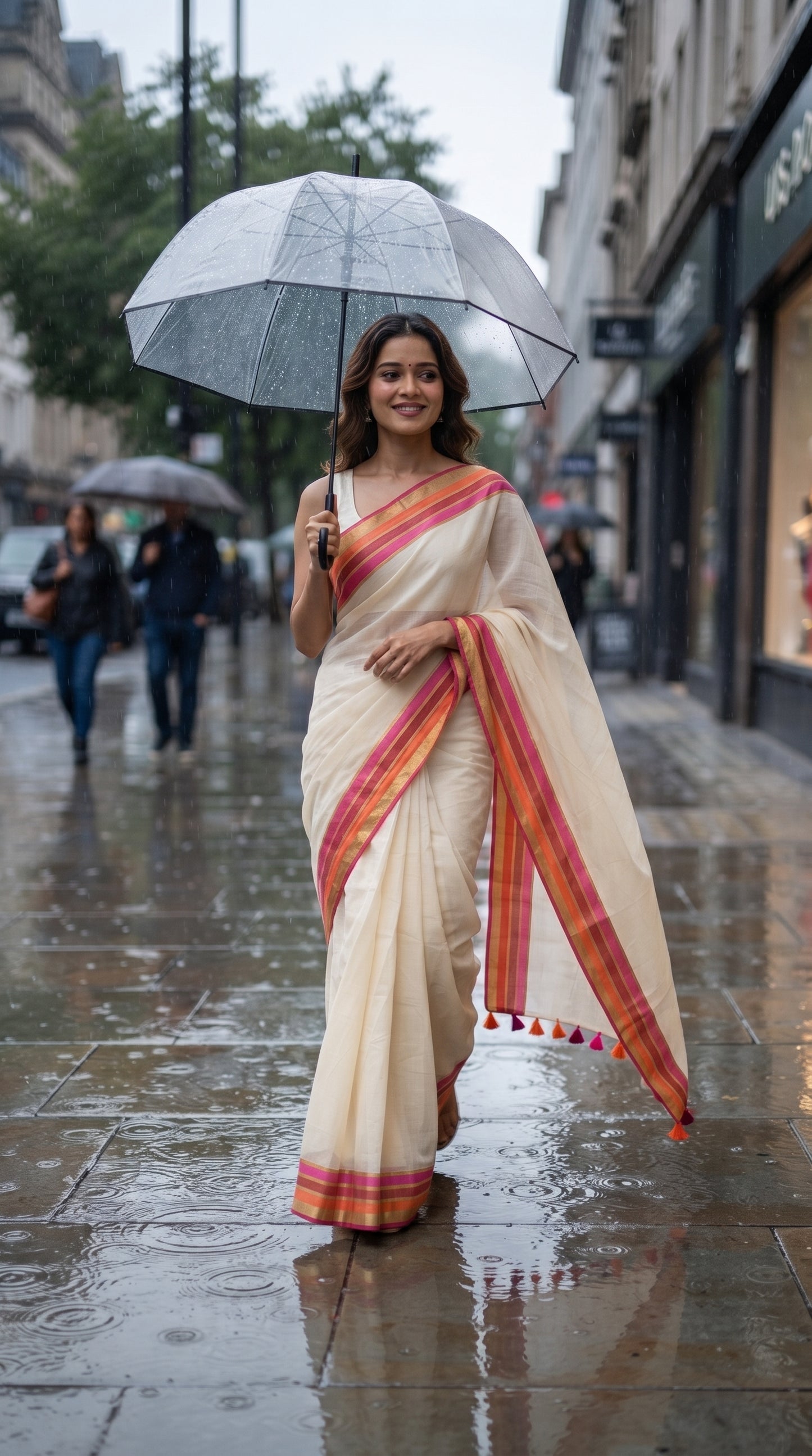 A candid street shot of a smiling woman walking down a wet city pavement in the rain under a clear umbrella, showing the fluid daily movement of her white mul cotton saree